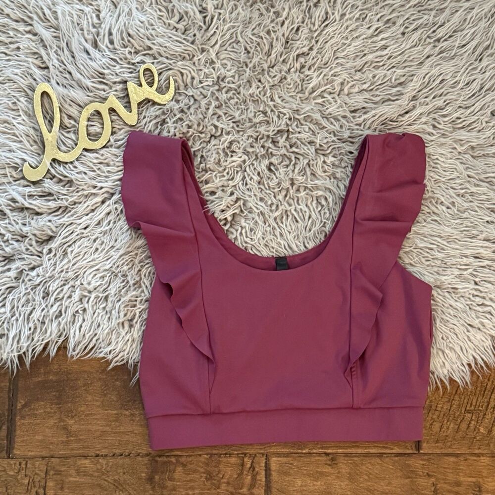 Victorias Secret Sport Ruffled Straps Unlined Crop Sport Bra Scoop Burgundy Sz S